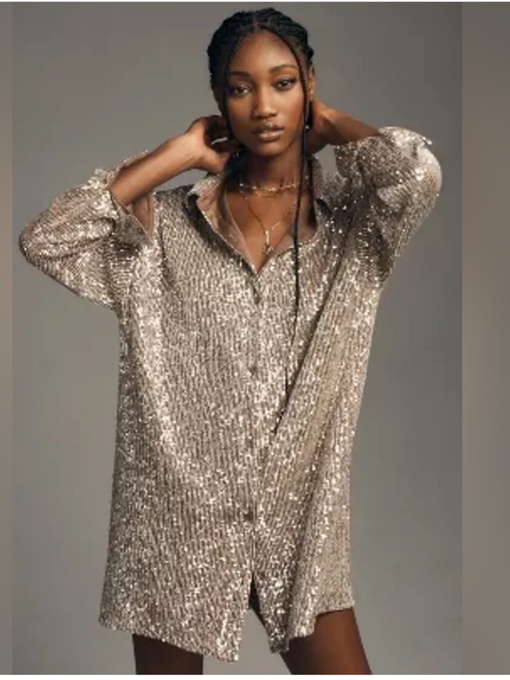 Anthropologie Flat White Sequin Tunic Mini Dress Taupe Size M